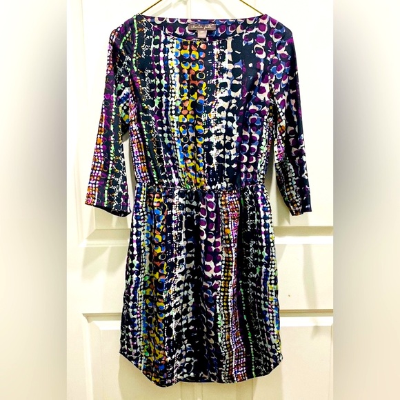 Charlie Jade Multicolor Abstract Boatneck 3/4 Sleeve Elastic Waist Lined Dress S - Picture 2 of 11